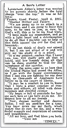 article reprinting a letter from Lieutenant Edwin A. Abbey, Philadelphia Inquirer newspaper article 23 December 1917