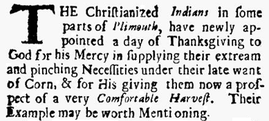 article about Indians in Plymouth, Massachusetts, celebrating Thanksgiving, Public Occurrences newspaper article 25 September 1690