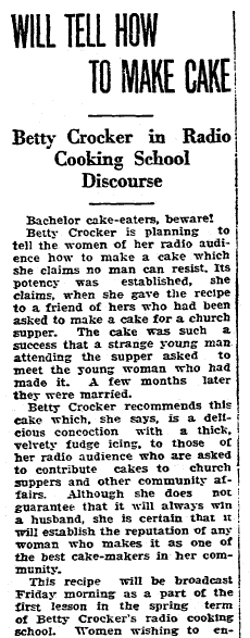 article about the Betty Crocker radio show, Riverside Daily Press newspaper article 13 February 1929