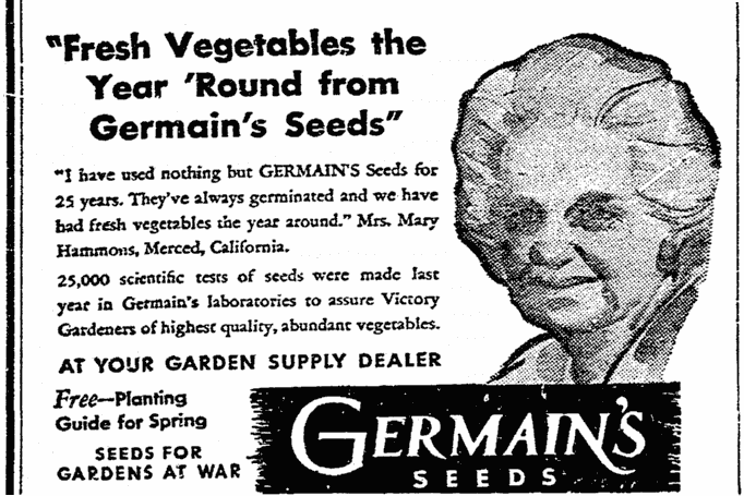 ad for Germain's seeds, Riverside Daily Press newspaper advertisement 24 March 1944