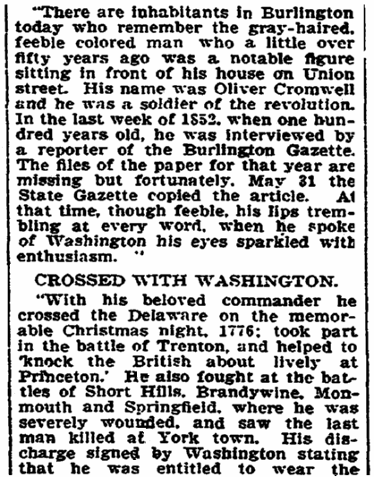 article about Revolutionary War veteran Oliver Cromwell, Trenton Evening Times newspaper article 11 April 1905