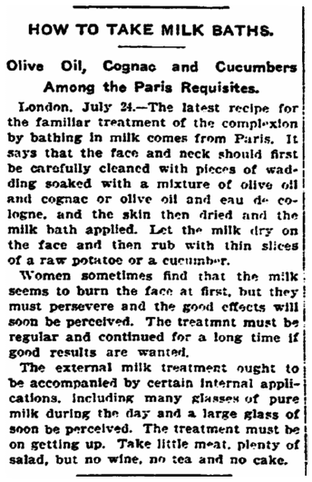 How to Take Milk Baths, Trenton Evening Times newspaper article 24 July 1906