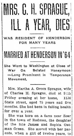 obituary for Martha Sprague, Watertown Daily Times newspaper article 30 December 1916