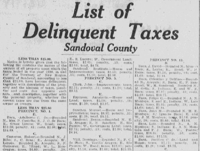 list of delinquent taxes, Albuquerque Journal newspaper article 2 September 1910