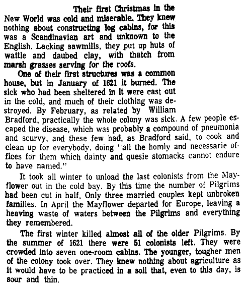 article about the first winter the Mayflower Pilgrims spent in Plymouth Colony, Augusta Chronicle newspaper article 24 November 1966