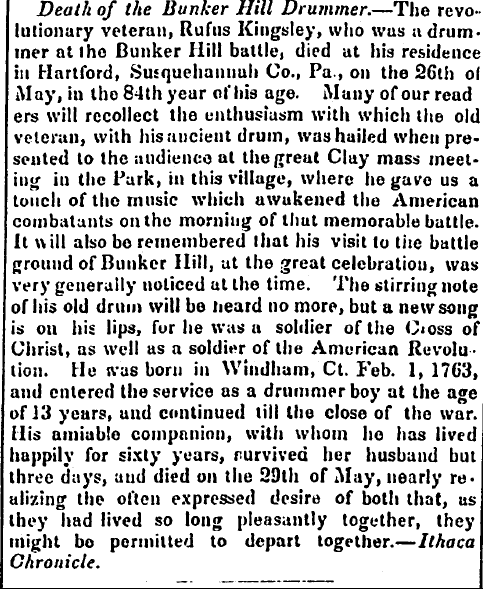 obituary for Rufus Kingsley, Centinel of Freedom newspaper article 23 June 1846