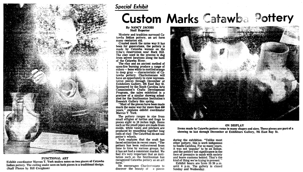 article about Catawba Indian pottery, Charleston News and Courier newspaper article 15 November 1977