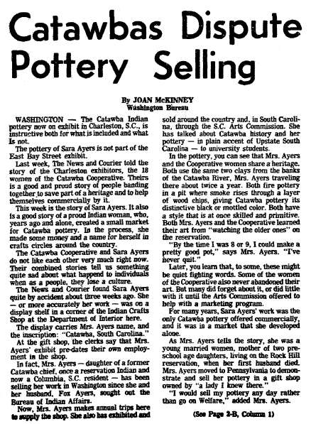 article about Catawba Indian pottery, Charleston News and Courier newspaper article 25 November 1977