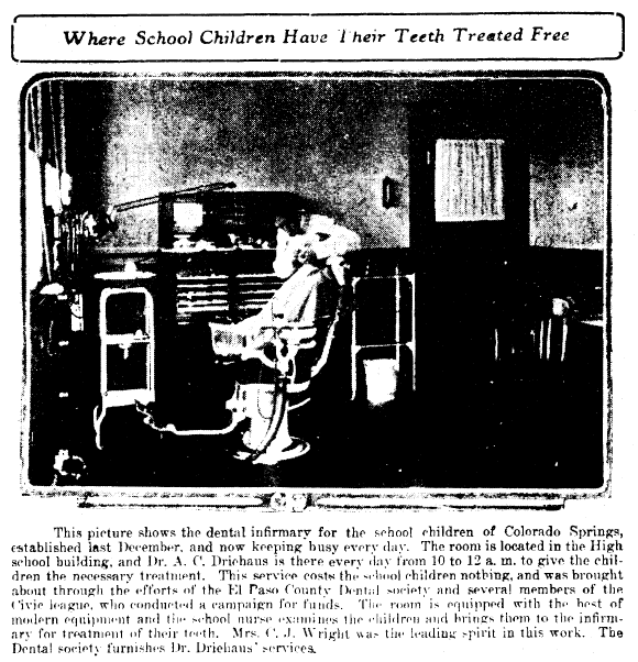 article about a children's dental clinic, Colorado Springs Gazette newspaper article 21 February 1915