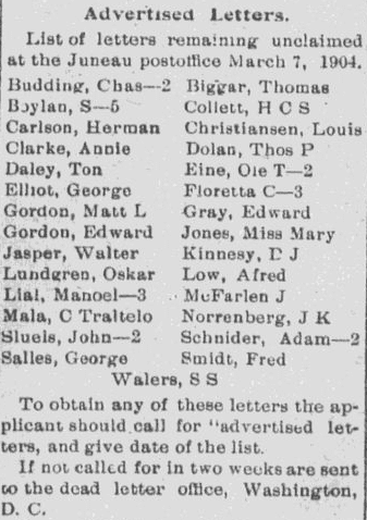 article about unclaimed letters at the post office, Daily Alaska Dispatch newspaper article 15 March 1904
