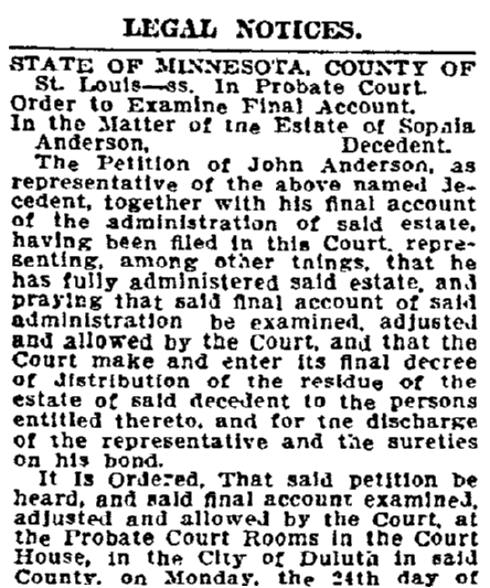 legal notices, Duluth News-Tribune newspaper article 3 August 1908