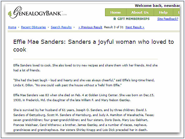 obituary for Effie Mae Sanders, Gettysburg Times newspaper article 6 March 2014