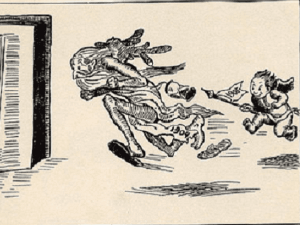 Illustration: detail from a cartoon showing an infant representing “New Year 1905” chasing “Old Man 1904” into history. Credit: John T. McCutcheon; Wikimedia Commons.