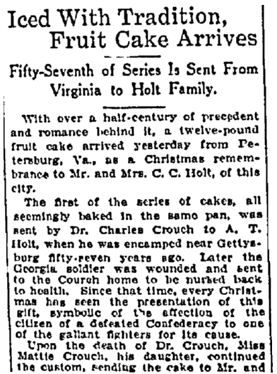 article about a fruitcake tradition between the Crouch and Holt families, Macon Telegraph newspaper article 21 December 1919