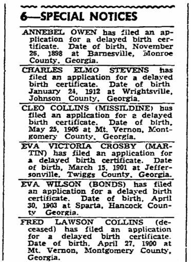 article about delayed birth certificates, Macon Telegraph newspaper article 29 December 1944