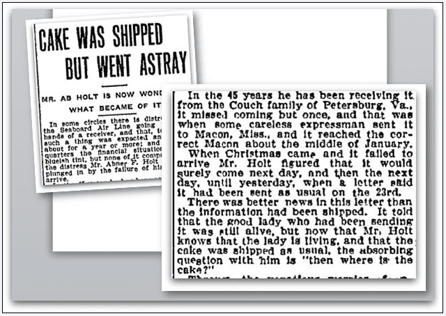 article about a fruitcake tradition between the Crouch and Holt families, Macon Telegraph newspaper article 5 January 1908