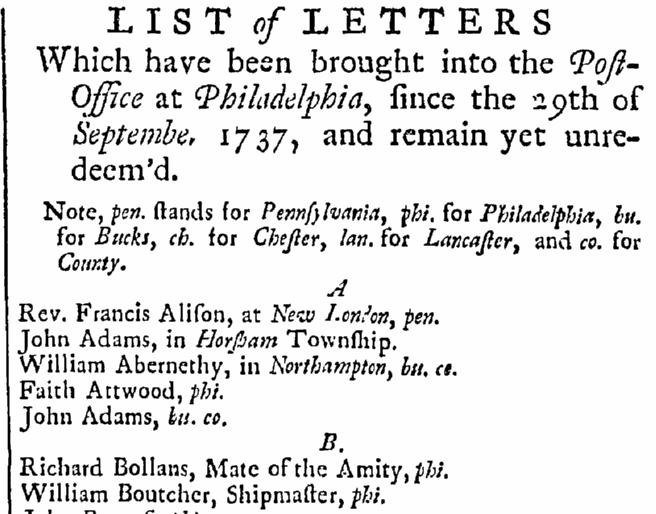 article about unclaimed letters at the post office, Pennsylvania Gazette newspaper article 21 March 1738