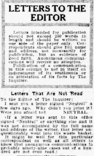 letters to the editor, Philadelphia Inquirer newspaper article 30 August 1915