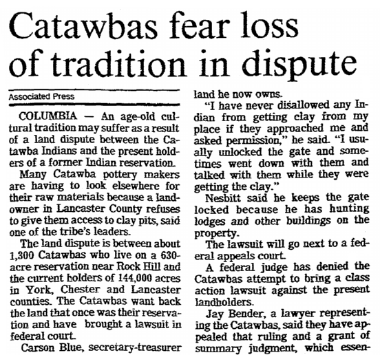 article about Catawba Indian pottery, Post and Courier newspaper article 26 December 1991