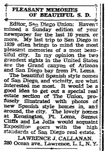 letter to the editor from Lawrence Callanan, San Diego Union newspaper article 24 August 1935