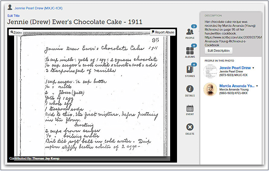 screenshot of a FamilySearch page showing a recipe for chocolate cake
