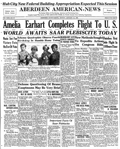 article about Amelia Earhart’s solo flight from Hawaii to California in 1935, Aberdeen Daily News newspaper article 13 January 1935