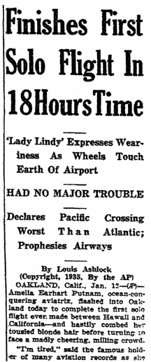 article about Amelia Earhart’s solo flight from Hawaii to California in 1935, Aberdeen Daily News newspaper article 13 January 1935