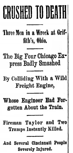 article about a train wreck, Cincinnati Post newspaper article 23 July 1894