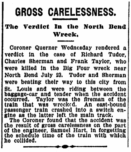 article about a train wreck, Cincinnati Post newspaper article 12 September 1894