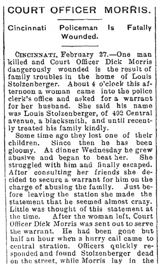 article about Stolzenberger shooting, Evansville Courier and Press newspaper article 28 February 1895