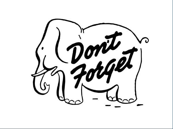 Illustration: a drawing of an elephant with the caption "Don't forget"