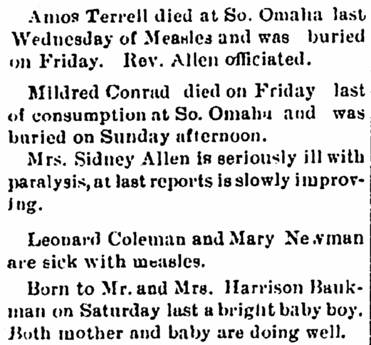 death and birth notices, Afro-American Sentinel newspaper article 15 May 1897