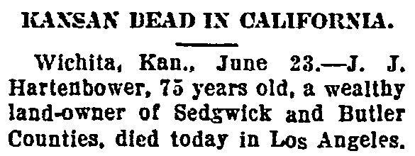 obituary for Jeremiah Hartenbower, Emporia Gazette newspaper article 23 June 1914