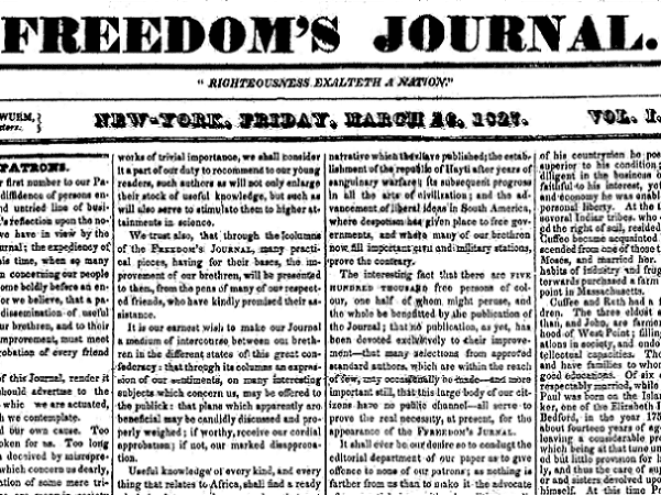 Freedom’s Journal (New York, New York), 16 March 1827, page 1