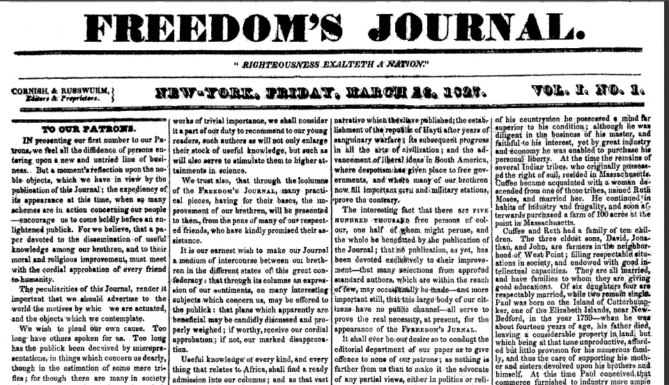 front page, Freedom’s Journal newspaper 16 March 1827