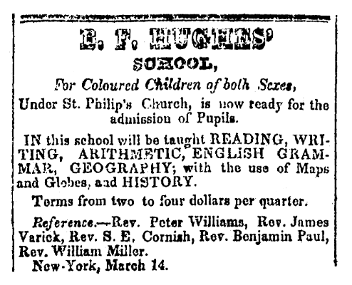 advertisement for E. F. Hughes' school, Freedom’s Journal newspaper ad 16 March 1827