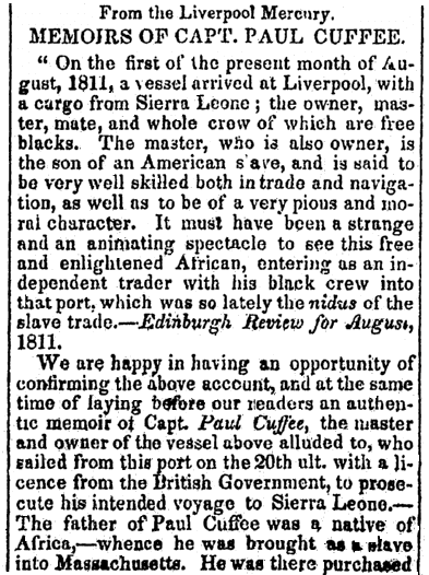 article about Paul Cuffey, Freedom’s Journal newspaper article 16 March 1827