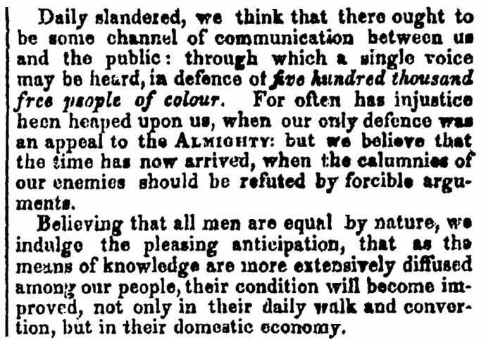 prospectus, Freedom’s Journal newspaper article 16 March 1827