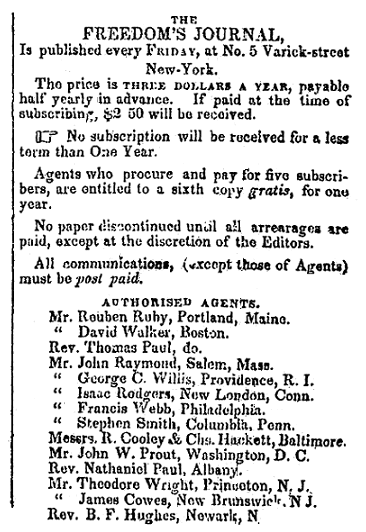 publication rates and information, Freedom’s Journal newspaper article 16 March 1827