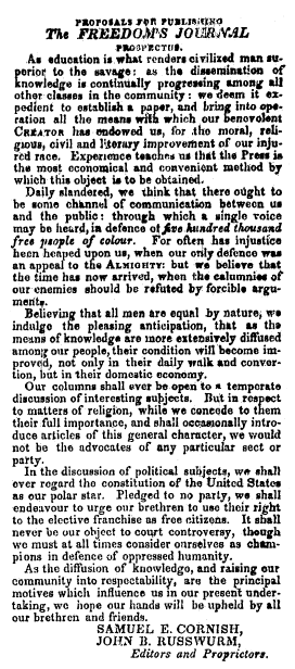 Proposals for Publishing The Freedom's Journal, Freedom’s Journal newspaper article 16 March 1827