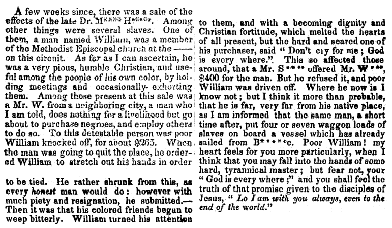 article about a slave named William, Freedom’s Journal newspaper article 16 March 1827