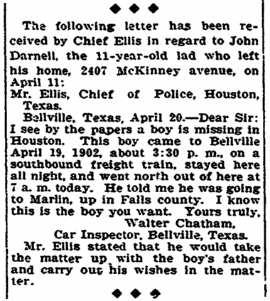 article about Walter Chatham, Houston Chronicle newspaper article 21 April 1902