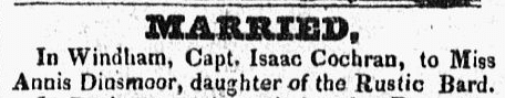 wedding notice for Isaac Cochran and Annis Dinsmoor, New Hampshire Sentinel newspaper article 23 March 1827