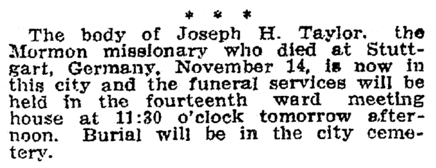 article about Joseph Taylor's funeral, Salt Lake Telegram newspaper article 8 December 1910