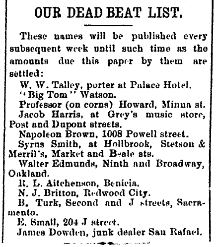 Our Dead Beat List, San Francisco Vindicator newspaper article 11 June 1887