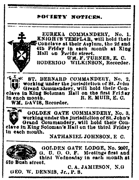 list of fraternal order societies and their meeting times, San Francisco Vindicator newspaper article 11 June 1887