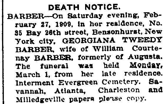 obituary for Georgiana Barber, Augusta Chronicle newspaper article 3 March 1909