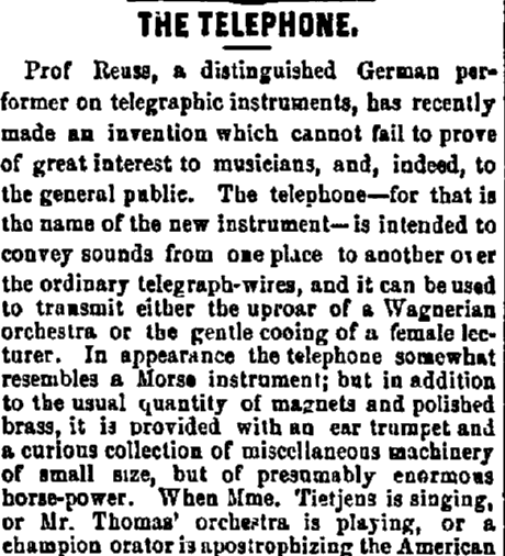 article about the invention of the telephone, Baltimore Bulletin newspaper article 8 April 1876