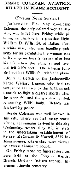 article about Bessie Coleman, Broad Ax newspaper article 8 May 1926