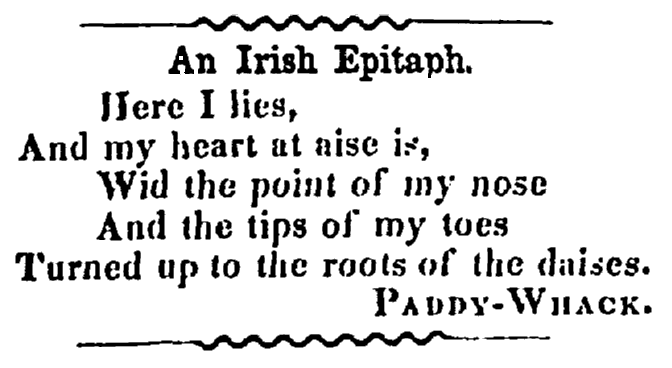 Irish epitaph, Cayuga Chief newspaper article 31 August 1852